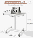 25.7in Rolling Bedside Table Adjustable Height Mobile Standing Desk White 28.5-42.5in H