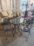 Black Metal Bistro Dining Set with Gray Marble Top & 2 Folding Chairs, 3-Piece Patio Set