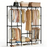 72”Black Heavy Duty Portable Clothes Rack Wardrobe Closet with Shelves & Hanging Rods