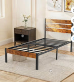 Twin Bed Frame with Headboard Metal Platform Bed Rustic Wood No Box Spring Easy Assembly