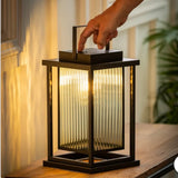 Large Solar LED Outdoor Lantern with USB-C Rechargeable Battery Black Metal Frame Glass