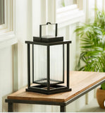 Large Solar LED Outdoor Lantern with USB-C Rechargeable Battery Black Metal Frame Glass