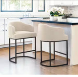 Modern Linen Upholstered Barrel Counter Height Bar Stools Set of 2 Black Metal Frame 35.2”