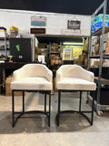 Modern Linen Upholstered Barrel Counter Height Bar Stools Set of 2 Black Metal Frame 35.2”