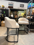 Modern Linen Upholstered Barrel Counter Height Bar Stools Set of 2 Black Metal Frame 35.2”