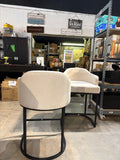 Modern Linen Upholstered Barrel Counter Height Bar Stools Set of 2 Black Metal Frame 35.2”