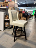 26” Swivel Counter Height Bar Stool White Faux Leather Upholstered Solid Wood Legs