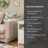 4-Tier White End Table with Charging Station, 2 Drawers, USB Ports & Power Outlets