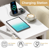 4-Tier White End Table with Charging Station, 2 Drawers, USB Ports & Power Outlets