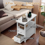 4-Tier White End Table with Charging Station, 2 Drawers, USB Ports & Power Outlets