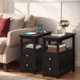 Set of 2 Narrow Espresso End Tables with Charging Station, 2 Drawers, USB Ports & Outlets