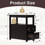 Set of 2 Narrow Espresso End Tables with Charging Station, 2 Drawers, USB Ports & Outlets