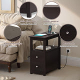 Set of 2 Narrow Espresso End Tables with Charging Station, 2 Drawers, USB Ports & Outlets