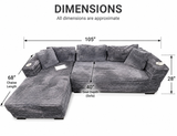 105” Oversized Gray Boneless Sectional Sofa with 68” Chaise – Deep Seat Corduroy Couch