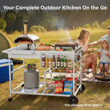4-Wheel Outdoor BBQ Grill Cart with Stainless Steel Top, Storage Shelves & Seasoning Tray