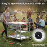 4-Wheel Outdoor BBQ Grill Cart with Stainless Steel Top, Storage Shelves & Seasoning Tray