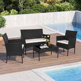 4-Piece Wicker Patio Conversation Set with Off-White Cushions & Coffee Table