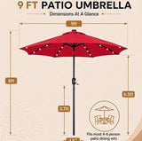 9’ Solar LED Lighted Patio Umbrella with Crank Lift – Red