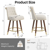 24” Cream Upholstered Counter Height Bar Stool with Tufted Back, Gold Trim & Footrest