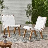 Set of 2: 29.75” Outdoor Lounge Chair with Rope Weave, Acacia Wood Base & Cushioned Seat