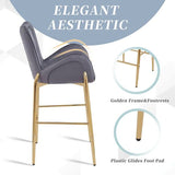 Set of 2 – 28.75” Gray Velvet Bar Stools with Gold Metal Legs, High Back & Footrest