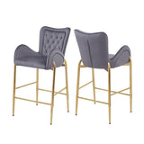 Set of 2 – 28.75” Gray Velvet Bar Stools with Gold Metal Legs, High Back & Footrest