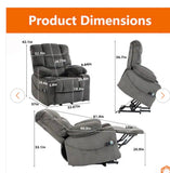 Gray Power Lift Recliner Chair with Heat & Massage 160° Lay Flat 32.7” Wide