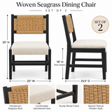 Set of 2 – 35” Woven Seagrass Dining Chairs with Cream Upholstered Seats & Black Wood Frames