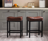Brown Bar Stools Set of 2, Modern Counter Height, 24 Inch Kitchen Barstools with Black Metal Base, PU Leather Saddle Seats for Kitchen Island