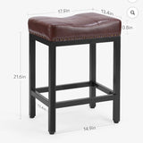 Brown Bar Stools Set of 2, Modern Counter Height, 24 Inch Kitchen Barstools with Black Metal Base, PU Leather Saddle Seats for Kitchen Island