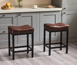 Brown Bar Stools Set of 2, Modern Counter Height, 24 Inch Kitchen Barstools with Black Metal Base, PU Leather Saddle Seats for Kitchen Island