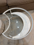 Minimalist Modern Moon-Shaped White Coffe Table with Tempered Glass Top and Open Storage Shelf