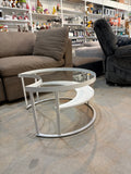 Minimalist Modern Moon-Shaped White Coffe Table with Tempered Glass Top and Open Storage Shelf