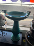 25" Tall Outdoor Ceramic Antique Pedestal Birdbath with 2 Bird Figurines, Turquoise