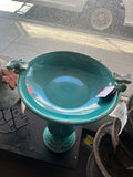 25" Tall Outdoor Ceramic Antique Pedestal Birdbath with 2 Bird Figurines, Turquoise