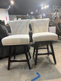 Set of 2 – 26” Ivory Swivel Counter Height Bar Stools with Tufted Back & Nailhead Trim