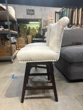 Set of 2 – 26” Ivory Swivel Counter Height Bar Stools with Tufted Back & Nailhead Trim