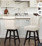 Set of 2 – 26” Ivory Swivel Counter Height Bar Stools with Tufted Back & Nailhead Trim