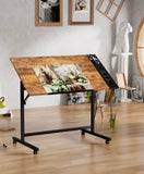 40.2” Adjustable Drafting Art Table with Tool Storage & Rolling Wheels – Rustic Brown
