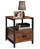 22” Rustic Brown Nightstand End Table with Drawer, Open Shelf & Black Metal Frame