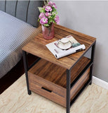 22” Rustic Brown Nightstand End Table with Drawer, Open Shelf & Black Metal Frame