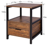 22” Rustic Brown Nightstand End Table with Drawer, Open Shelf & Black Metal Frame