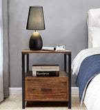 22” Rustic Brown Nightstand End Table with Drawer, Open Shelf & Black Metal Frame