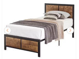 77.7” Twin Metal Platform Bed Frame with Rustic Wood Headboard & Footboard – 300 LB Capacity