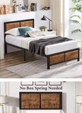 77.7” Twin Metal Platform Bed Frame with Rustic Wood Headboard & Footboard – 300 LB Capacity