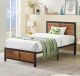 77.7” Twin Metal Platform Bed Frame with Rustic Wood Headboard & Footboard – 300 LB Capacity