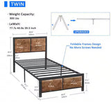 77.7” Twin Metal Platform Bed Frame with Rustic Wood Headboard & Footboard – 300 LB Capacity
