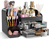 Makeup Organizer with Drawers for Vanity Bathroom Counter Organizers and Storage, Large Skincare Organizer with Brush Toothbrush Holder for Perfume, Nail Polish, Dresser, Office Supplies, Black