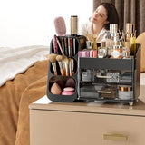 Makeup Organizer with Drawers for Vanity Bathroom Counter Organizers and Storage, Large Skincare Organizer with Brush Toothbrush Holder for Perfume, Nail Polish, Dresser, Office Supplies, Black