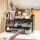 Makeup Organizer with Drawers for Vanity Bathroom Counter Organizers and Storage, Large Skincare Organizer with Brush Toothbrush Holder for Perfume, Nail Polish, Dresser, Office Supplies, Black